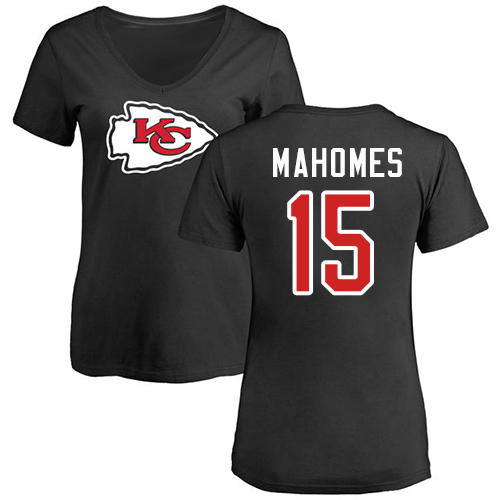 Women Football Kansas City Chiefs #15 Mahomes Patrick Black Name and Number Logo Slim Fit T-Shirt